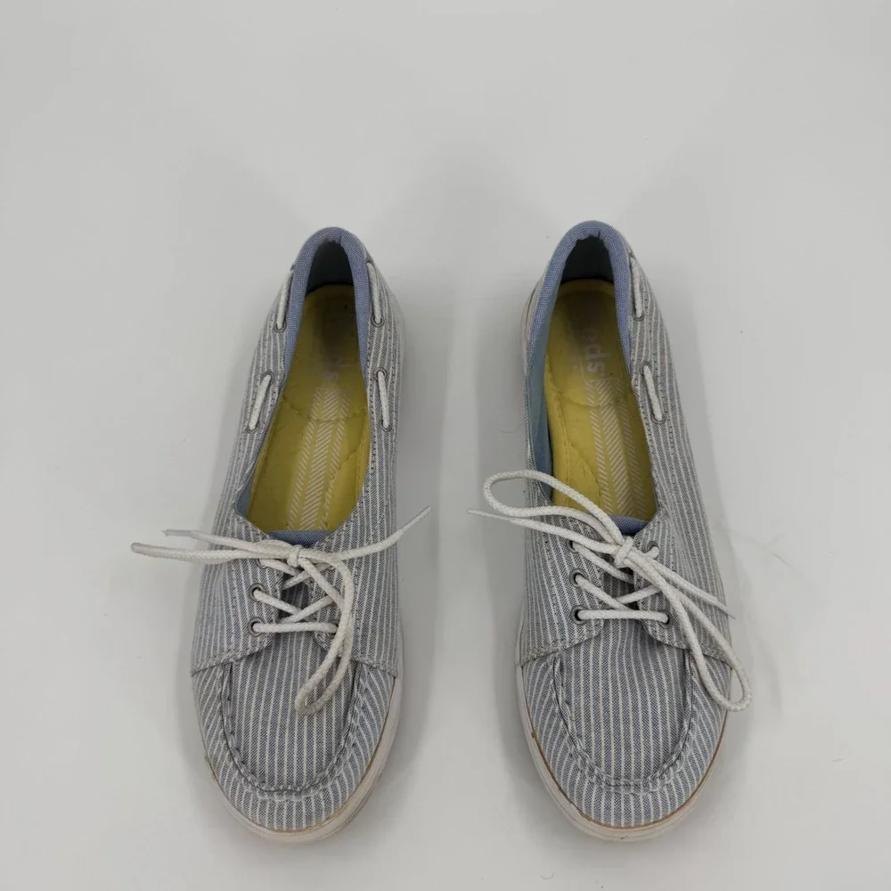 Keds Boat Shoes Womens US 9 Blue White Striped Canvas Comfort Moc Toe Lace Up